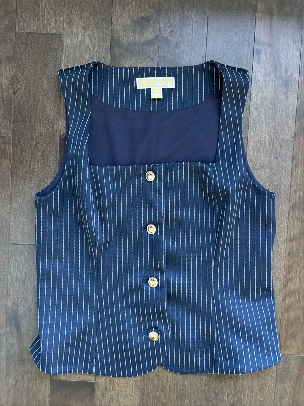 Michael Kors Navy Pinstripe Sleeveless Button Front Camisole with Gold Buttons